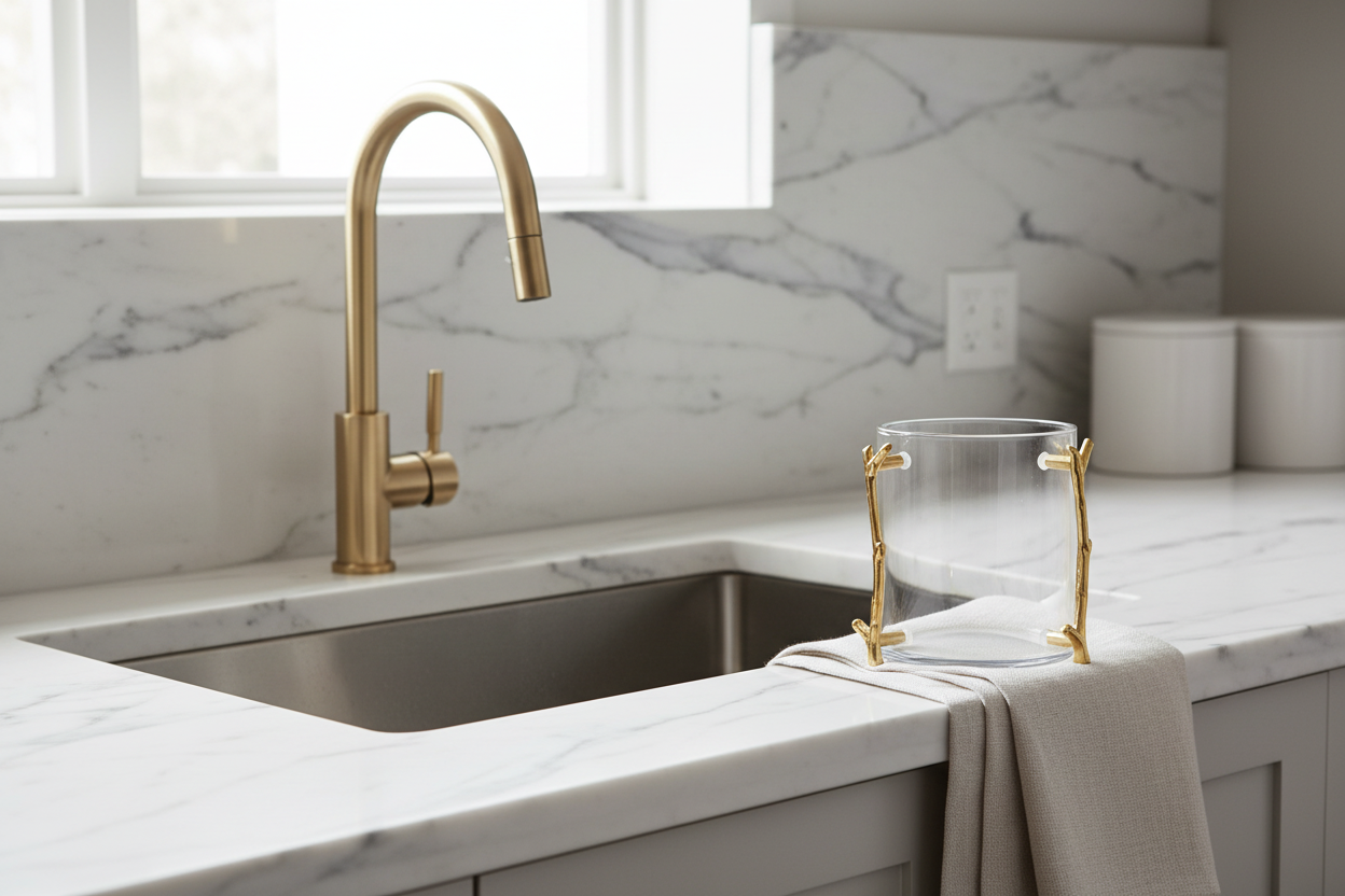 Washing Cup by Kitchen Sink with Towels